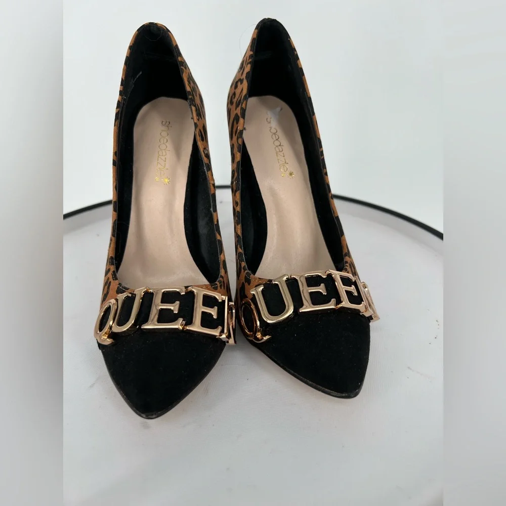 SHOE DAZZLE HEELS BLACK‎ CHEETAH QUEEN SLIP ON PUMPS, PADDED INSOLE, POINTED TOE